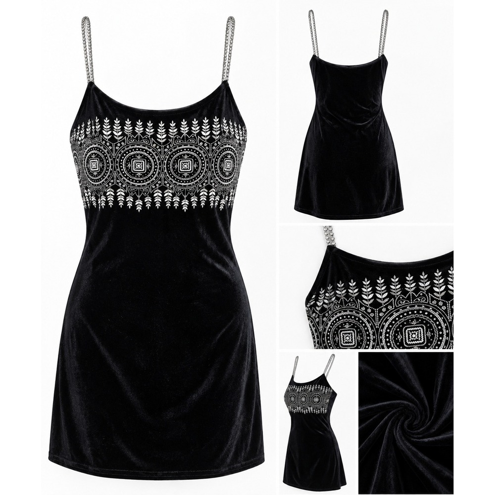 Vintage Y2K Denial Black Velvet Rhinestone Strap Embroidered Mini Dress L